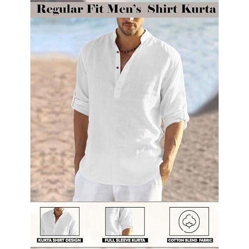 Zombom Men's Cotton Blend Full Sleeve Regular Fit Short Kurta Shirt With Mandarin Collar, Medium, White, Pack Of 1