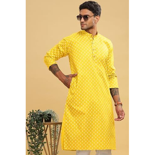 Be Active Men's Ethnic Printed Full Sleeves Kurta || Cotton Kurta For Men || Men Kurta For Wedding || Kurta For Men (C-Rf0060 Kr 2 Xl) Yellow