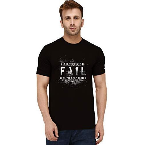 London Hills Men's Cotton Regular Fit Half Sleeve Never Fail Slogan Printed Black T-Shirt