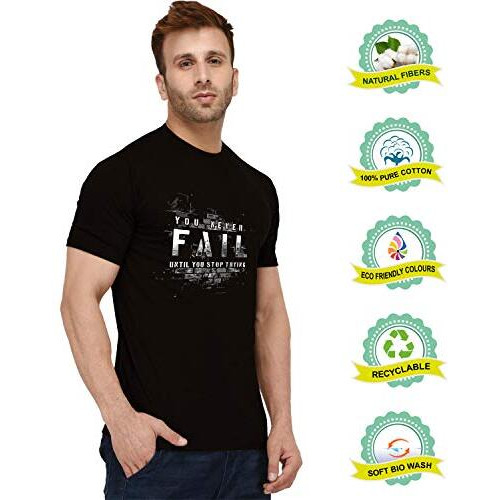 London Hills Men's Cotton Regular Fit Half Sleeve Never Fail Slogan Printed Black T-Shirt