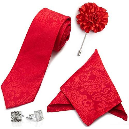 To The Nines Men's Red Polyester Tie, Pocket Square, Cufflinks & Lapel Pin (Red3)