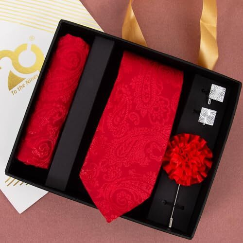 To The Nines Men's Red Polyester Tie, Pocket Square, Cufflinks & Lapel Pin (Red3)