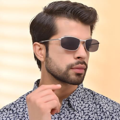 Royal Son Men Polarization Rectangular Sunglasses Silver Frame, Black Lens (Large) - 1 Sunglasses, 1 Cleaning Cloth, 1 Glasses Box