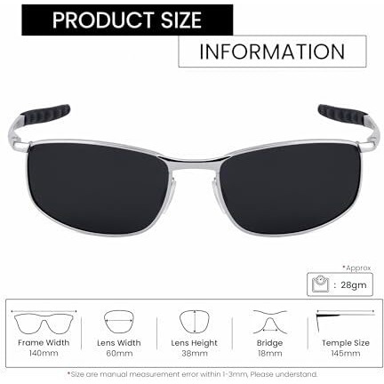 Royal Son Men Polarization Rectangular Sunglasses Silver Frame, Black Lens (Large) - 1 Sunglasses, 1 Cleaning Cloth, 1 Glasses Box
