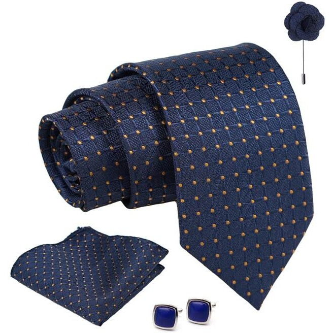 Axlon Navy Blue Dotted Tie For Men  Formal Ties Set With Pocket Square & Tie Pin Clip For Mens, Silk Neckties Gift Sets For MenS (Ax24_21)