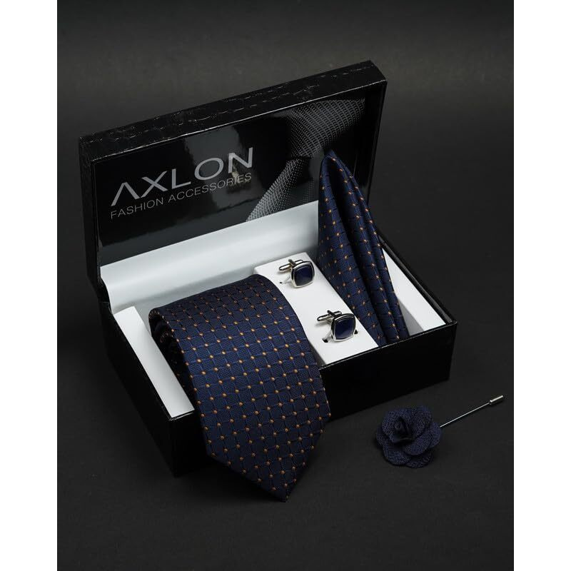 Axlon Navy Blue Dotted Tie For Men  Formal Ties Set With Pocket Square & Tie Pin Clip For Mens, Silk Neckties Gift Sets For MenS (Ax24_21)