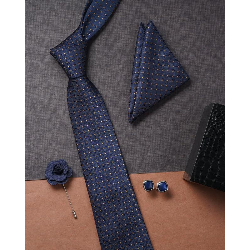 Axlon Navy Blue Dotted Tie For Men  Formal Ties Set With Pocket Square & Tie Pin Clip For Mens, Silk Neckties Gift Sets For MenS (Ax24_21)