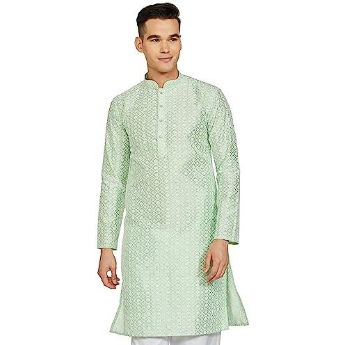 Be Active Men's Traditional Embroidered Lucknowi Full Sleeves Kurta || Cotton Kurta For Men || Men Kurta For Wedding || Kurta For Men (Rfsk0013-Kr 15 Xl) Light Green