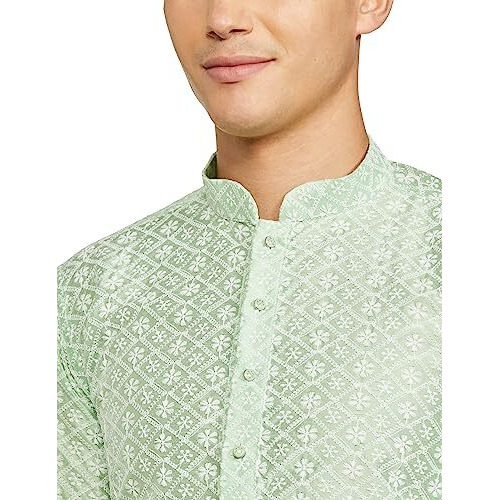 Be Active Men's Traditional Embroidered Lucknowi Full Sleeves Kurta || Cotton Kurta For Men || Men Kurta For Wedding || Kurta For Men (Rfsk0013-Kr 15 Xl) Light Green