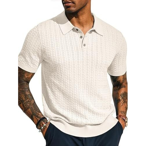 Kvetoo Polo Collar Half Sleeve Cotton Knitted Tshirt For Men Off White Size M
