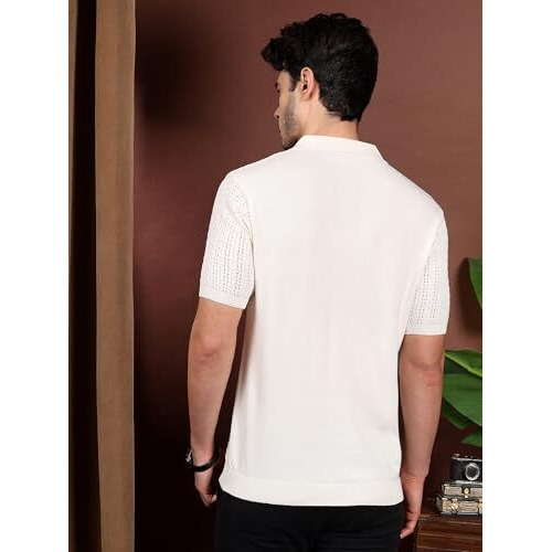 Kvetoo Polo Collar Half Sleeve Cotton Knitted Tshirt For Men Off White Size M