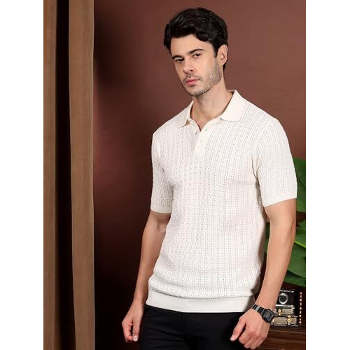 Kvetoo Polo Collar Half Sleeve Cotton Knitted Tshirt For Men Off White Size M