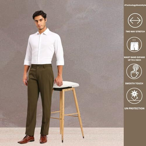Saintx Men's Stretchable Formal Pants | Classic Flat Front Slant Pocket Trousers (Slim Fit) No Pleat Design | Office Or Party | Fasion Autoflex Waistband Trouser (Saintr01_Olive_34)