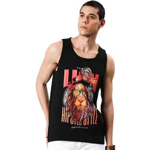 Veirdo Pure Cotton Regular Fit Sleeveless Scoop Neck Black Lion Printed Casual Vest For Men & Boys (Tsh_G4_Lion_Blk)