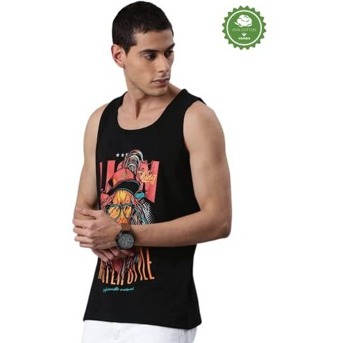 Veirdo Pure Cotton Regular Fit Sleeveless Scoop Neck Black Lion Printed Casual Vest For Men & Boys (Tsh_G4_Lion_Blk)