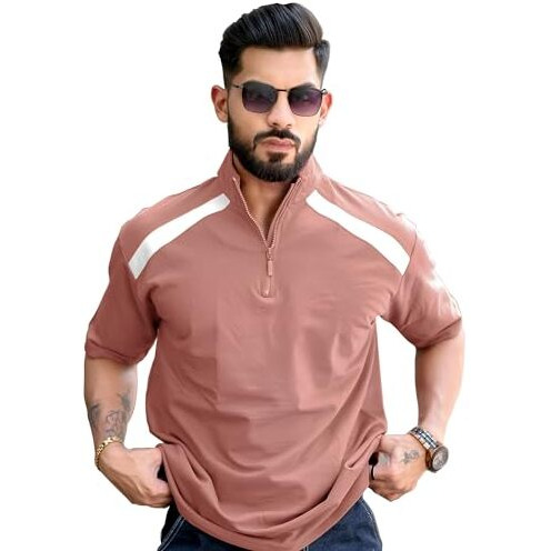 Maniac||High Neck Tshirt For Men||3/4Th Sleeve||Half Zipper Regular Fit Tshirt For Men||Turtle Neck Tshirts For Men Pink