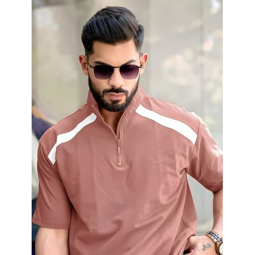 Maniac||High Neck Tshirt For Men||3/4Th Sleeve||Half Zipper Regular Fit Tshirt For Men||Turtle Neck Tshirts For Men Pink