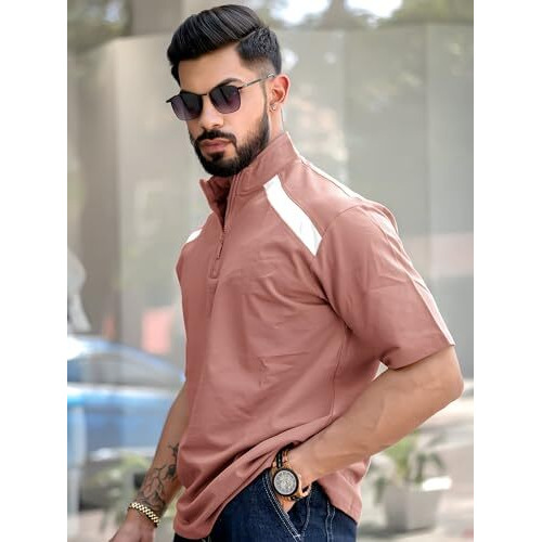 Maniac||High Neck Tshirt For Men||3/4Th Sleeve||Half Zipper Regular Fit Tshirt For Men||Turtle Neck Tshirts For Men Pink