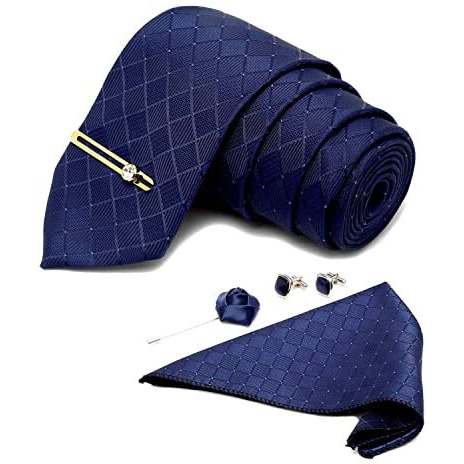 Louis Stitch Mens Marine Blue Italian Silk Necktie Set Incl Pocket Square Cufflinks Golden Tiepin Brooch American Style Formal Tie Gift Set For Men (Bu037Gp)
