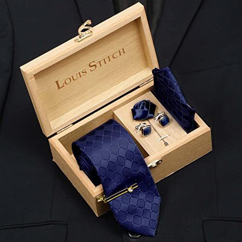 Louis Stitch Mens Marine Blue Italian Silk Necktie Set Incl Pocket Square Cufflinks Golden Tiepin Brooch American Style Formal Tie Gift Set For Men (Bu037Gp)