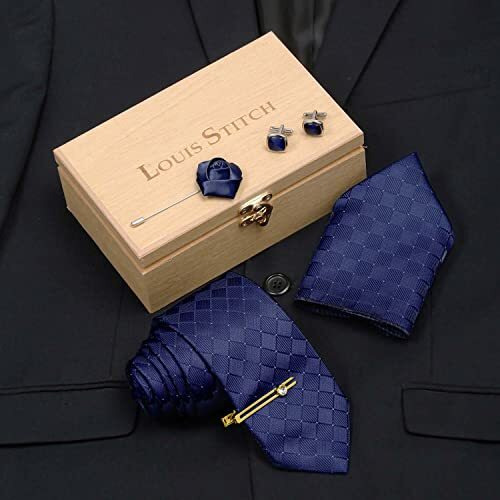 Louis Stitch Mens Marine Blue Italian Silk Necktie Set Incl Pocket Square Cufflinks Golden Tiepin Brooch American Style Formal Tie Gift Set For Men (Bu037Gp)