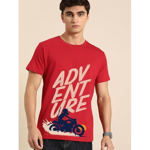 Bewakoof Men's Printed 100% Cotton T-Shirt - Regular Fit, Round Neck, Half Sleeves Red