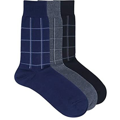 Balenzia Men's Checks Patterned Calf Length/Crew Length Cotton Socks - Made With Cotton And Spandex Formal Socks For Men (Pack Of 2) (Black, Navy, Dark Grey)
