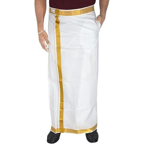 Tuni Mani Men's Cotton Welcro Pocket Dhoti/White/Adjustable For All Size (28"- 44") (Single Dhoti) (1-1/4" Gold Zari)
