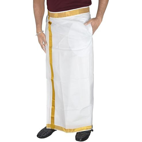 Tuni Mani Men's Cotton Welcro Pocket Dhoti/White/Adjustable For All Size (28"- 44") (Single Dhoti) (1-1/4" Gold Zari)
