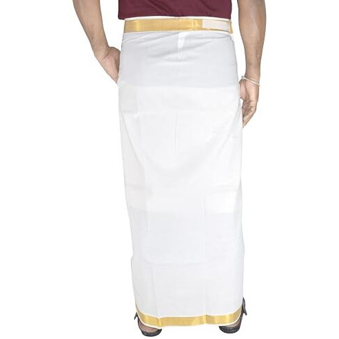 Tuni Mani Men's Cotton Welcro Pocket Dhoti/White/Adjustable For All Size (28"- 44") (Single Dhoti) (1-1/4" Gold Zari)