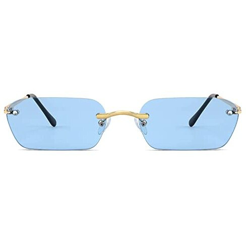 Elegante Retro Narrow Rimless Sunglasses Uv Protection Coating Vintage Rectangle Sunglasses For Women Men (C2 - Gold Blue,Non Polarization),Free Size
