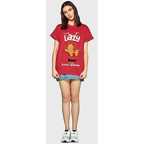 Bewakoof X Official Garfield Merchandise Women's Selective Participation Graphic Printed 100% Cotton T-Shirt - Boyfriend Fit, Round Neck, Half Sleeves_591632_Red_M