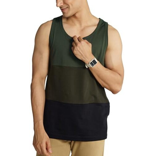 Damensch Men Casual Colorblock Cotton Blend Tank Tops-Pack Of 1-Green & Black Splicing-Medium