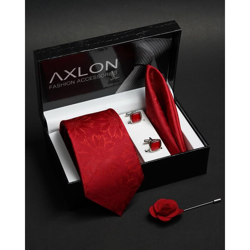 Axlon Red Floral Tie For Men  Formal Ties Set With Pocket Square & Tie Pin Clip For Mens, Silk Neckties Gift Sets For MenS (Ax24_40)