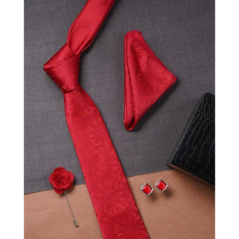 Axlon Red Floral Tie For Men  Formal Ties Set With Pocket Square & Tie Pin Clip For Mens, Silk Neckties Gift Sets For MenS (Ax24_40)