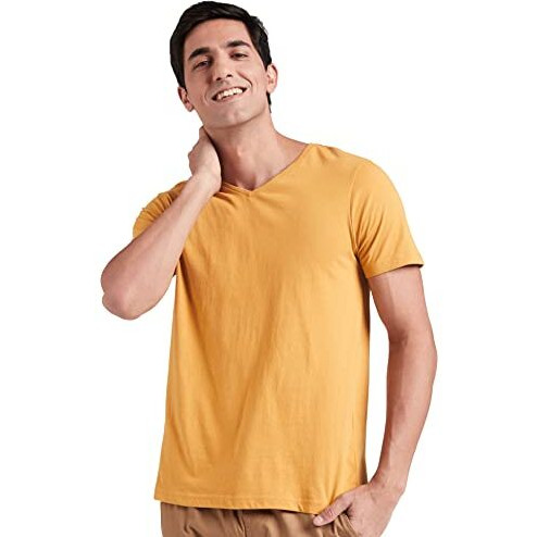 Amazon Brand - Symbol Men's Cotton Solid V-Neck Regular Fit T-Shirt (Available In Plus Size) Inca Gold 2Xl
