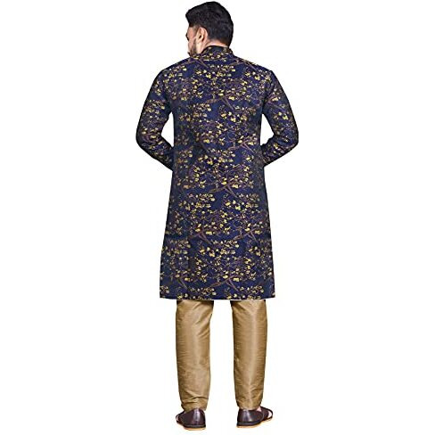 N.B.F Fashion Cotton Mens Casual Style Ethnic Wear Indo Western Set (Large, Royal Blue Yellow)