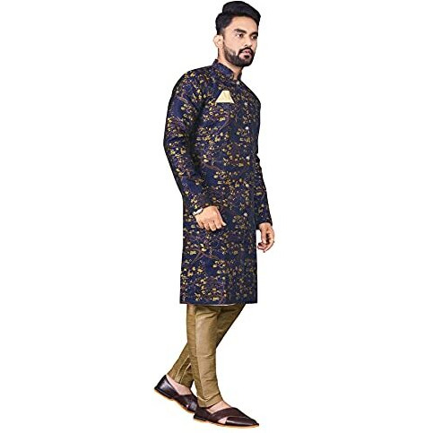 N.B.F Fashion Cotton Mens Casual Style Ethnic Wear Indo Western Set (Large, Royal Blue Yellow)