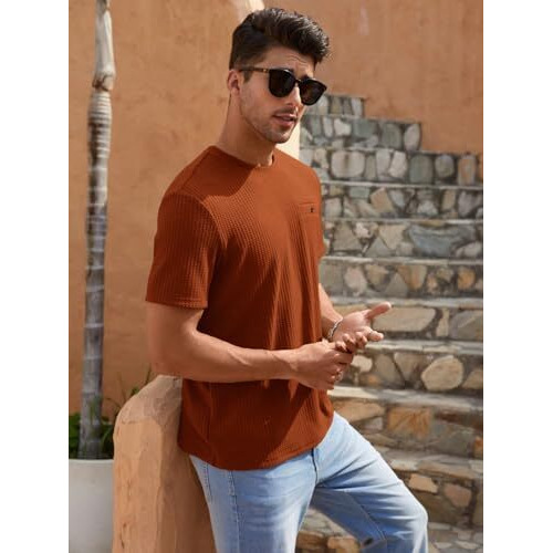 Tagdo Men's Waffle Knitted Crew Neck Short Sleeve Tees Pack Of 2 (Combo-5154-Grn-Rst-L)