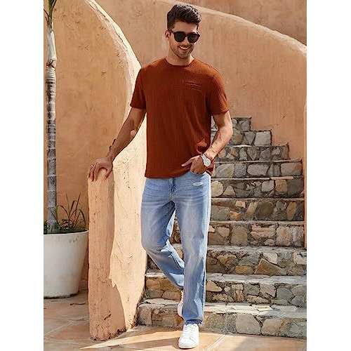 Tagdo Men's Waffle Knitted Crew Neck Short Sleeve Tees Pack Of 2 (Combo-5154-Grn-Rst-L)