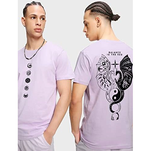 Bewakoof Men's Seek Balance Graphic Print Cotton T-Shirt- Regular Fit, Round Neck, Half Sleeves 580213_Purple_M