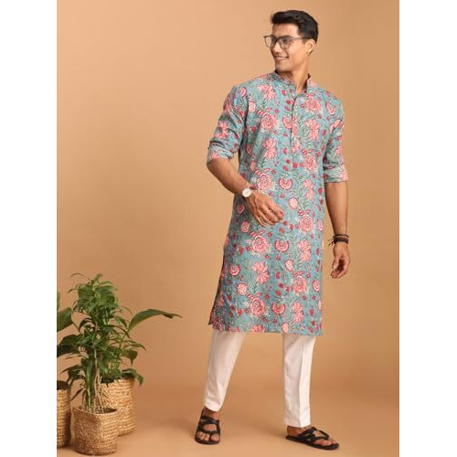 Shvaas By Vastramay Men's Aqua And White Cotton Kurta And Pyjama Set-Aa315_Vshvmk196Npant001Wh_42