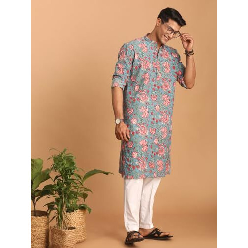 Shvaas By Vastramay Men's Aqua And White Cotton Kurta And Pyjama Set-Aa315_Vshvmk196Npant001Wh_42