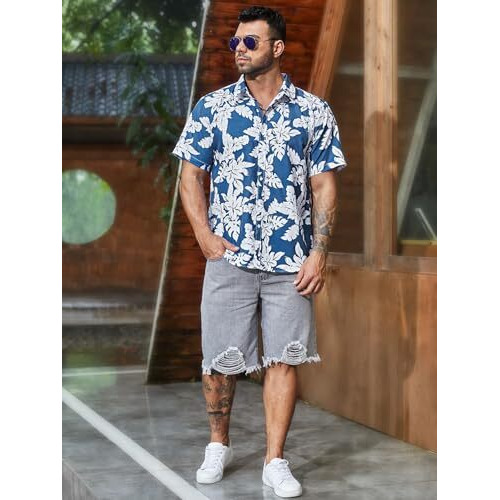 Lookmark Men's Vibrant Printed Half Sleeve Loose Fit Casual Shirt In Cotton Blend  Perfect For Beach Days, Everyday Comfort, And Effortless Style (Az-Lm-Og-Printed Shirt Coastal-M) Blue