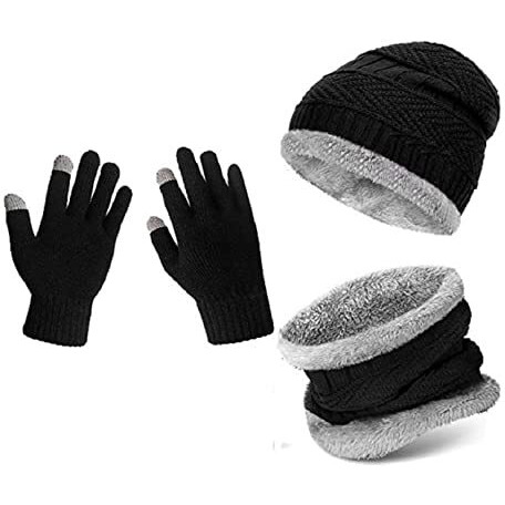 Lyonardo Winter Thick Fleece Lined Beanie Woolen Casual Style Cap Hat, Neck Scarf And Touchscreen Gloves Set For Men Women(3 Set) (Black)