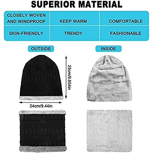 Lyonardo Winter Thick Fleece Lined Beanie Woolen Casual Style Cap Hat, Neck Scarf And Touchscreen Gloves Set For Men Women(3 Set) (Black)