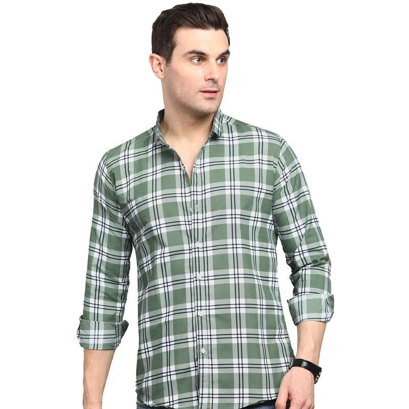 Men's Cotton Casual Printed Checkered Stylish Latest Shirt For Men (Green Large)