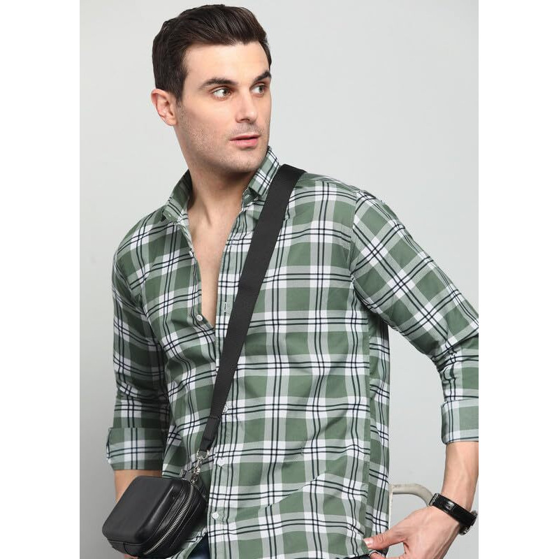 Men's Cotton Casual Printed Checkered Stylish Latest Shirt For Men (Green Large)