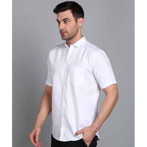 Mildin Men's Regular Cotton Blend White Slim Fit Solid Button Down Spread Collar Half Sleeve Curved Hemline Formal Shirt With One Pocket (White Plain Half 2 - Xl)