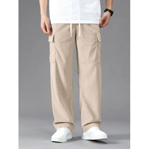 Vogaan Men's Cargo Pants | Corduroy Trousers For Men Loose Fit | Cargos For Men | Men Cargo Trouser (Cream_32)